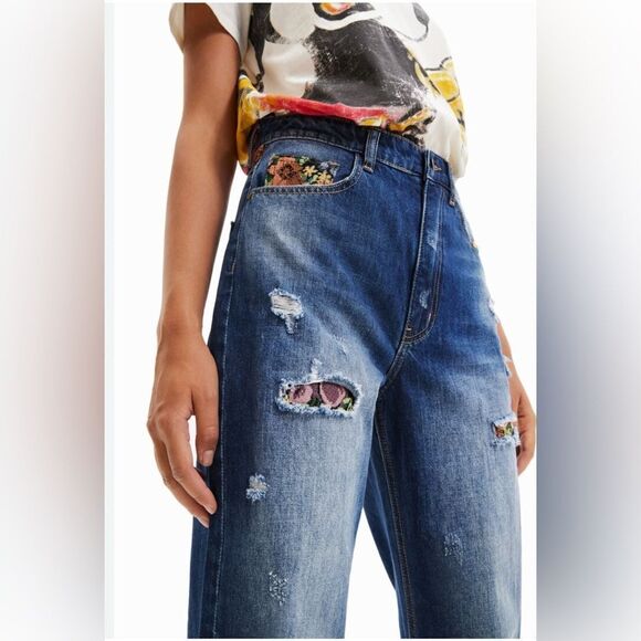 Desigual Denim - Desigual Floral tapestry patchwork distressed baggy wide Leg Jean NWT 36/2
